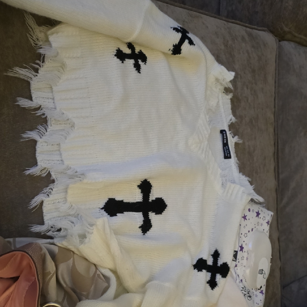 Women's White Sweater with Black Cross Design